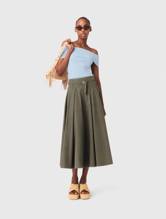 Maje Cotton Pleated Maxi Skirt - Khaki - Maje