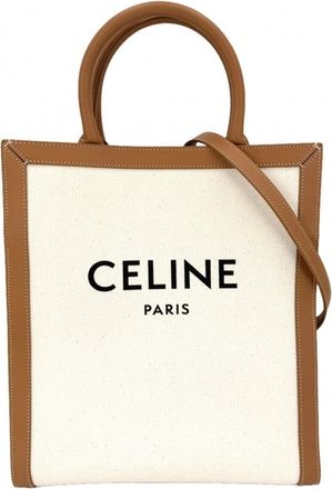 Celine Brown Ivory Canvas Leather Handbag Shoulder Bag Tote Bag (Pre-Owned)