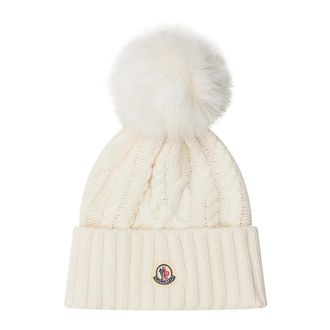 Moncler Witte wollen muts met grote bont pom-pom - Dames - Hoeden - Wit - ONE Size - Wol - Accessoires