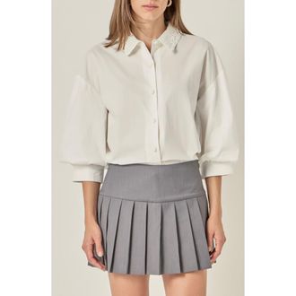 English Factory Lace Trim Blouson Sleeve Cotton Button-Up Shirt in White at Nordstrom, Size X-Small