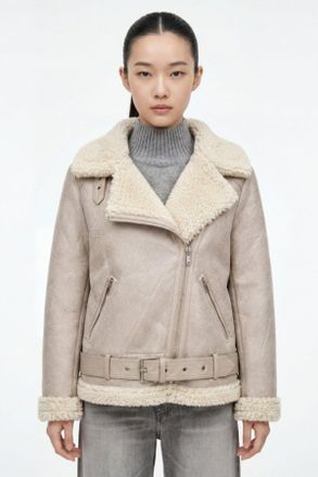 Elle Womens Jolie Faux-Shearling Biker Jacket Grey - Size Medium