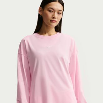 Nike Womens Nike Sportswear Classic Oversized Long-Sleeve T-Shirt in Pink | IH7598-663