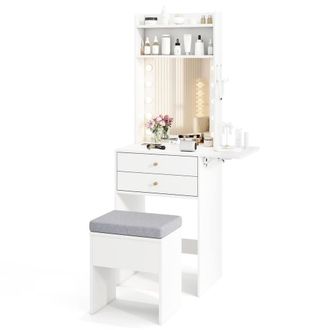 Costway Costway Small Makeup Vanity Desk Dressing Table Set with Mirror & Lights in White