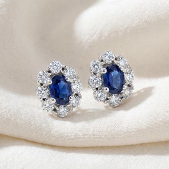 Pompeii3 3 Ct Blue Sapphire & Diamond Halo Studs 14k White Gold