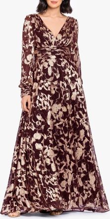 Betsy & Adam Foil Pattern Long Sleeve Gown in Wine/gold at Nordstrom, Size 14