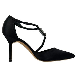 Manolo Blahnik Pre-owned Womens Seneca Crystal-Embellished Pumps in Black Satin - Size 38.5 EU/IT