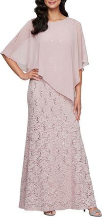 S.L. Fashions Beaded Lace & Chiffon Capelet Gown in Blush at Nordstrom, Size 14