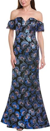 Rene Ruiz Off-The-Shoulder Printed Mikado Column Gown