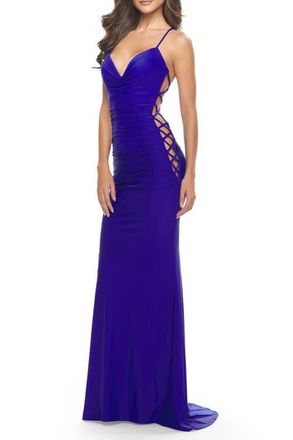 La Femme Unique Jersey Dress with Open Criss Cross Sides in Royal Blue at Nordstrom, Size 00
