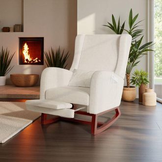 OEM Sill&oacute;n Mecedora Escandinavo De 1 Plaza Beige En Madera Maciza Y Lino Con Reposapi&eacute;s Extensible