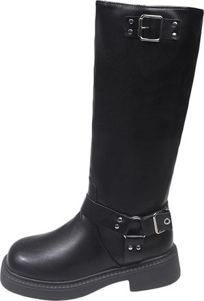 Generic Womens Autumn Winter Mid Calf Boots Fashion Solid Color Lace Up Side Zipper Knee High Riding Boots Comfortable(Black, 5.5)