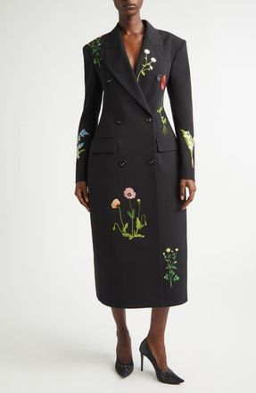 Stella McCartney Flower Embroidered Wool Coat in Black at Nordstrom, Size 6 Us