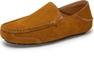 Generic Mens Loafers Shoe Genuine Leather Suede Vamp Stitching Details Comfortable Anti-Slip Flexible Prom Slip-on(Yellow,10.5 UK)