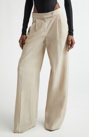 LaQuan Smith Shimmer Pinstripe Wide Leg Pants in Sand at Nordstrom, Size X-Small