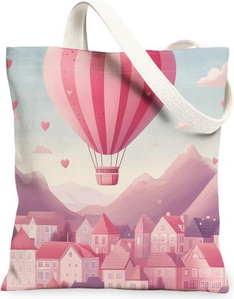 Generic Peach Hot Air Balloon Canvas Tote Bags, Lightweight Washable Shoulder Strap Grocery Bags, Romantic Vintage Art Style Reusable for Travel Beach Picnic 