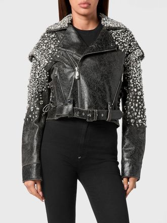 Philipp Plein Giacca biker cropped in pelle con cristalli e cintura in vita