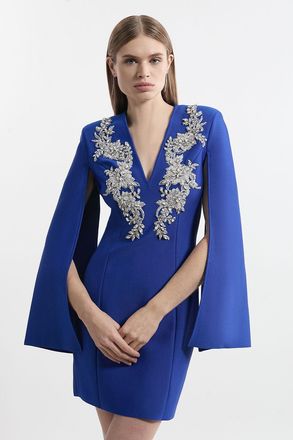 Karen Millen Womens Bandage Form Fitting Cape Sleeve Embellished Mini Dress - Blue - Size X-Small