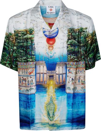 Casablanca Short-Sleeved Silk Shirt with Cuban Collar and Intricate Egyptian Print