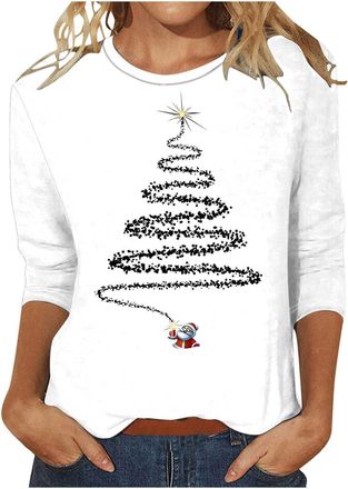 Generic Long Sleeve T-Shirt for Women Summer Tops Fit Tee Womens Christmas Printed Tshirts Tops Trendy Cute 3/4 Length Sleeve Round Neck Shirts Loose Fit Pull