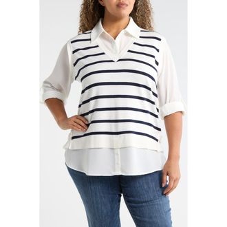 Adrianna Papell V-Neck Twofer Sweater in Ivory/Blue Moon Stripe at Nordstrom Rack, Size 3 X