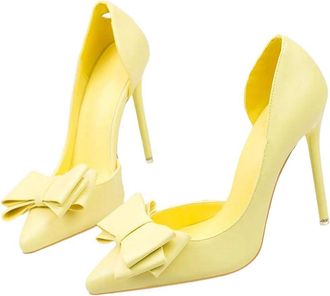 Generic Women Luxury Pointed Toe High Heel Pumps Bow Detail Hollow Holiday Party Dress Shoes Yellow