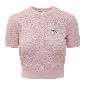 Self Portrait Cardigans, female, Pink, Size: M Pointelle Ribbed Knit Cardigan