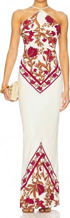 Rococo Sand Bias Halter Maxi Dress In Ivory/burgundy