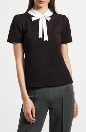Isaac Mizrahi New York Satin Trim Peter Pan Collar Stretch Cotton T-Shirt in Black/White at Nordstrom Rack, Size X-Small