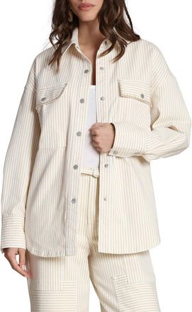Avec Les Filles Striped Stretch Cotton Shirt Jacket in Beige - White Stripe at Nordstrom, Size X-Large