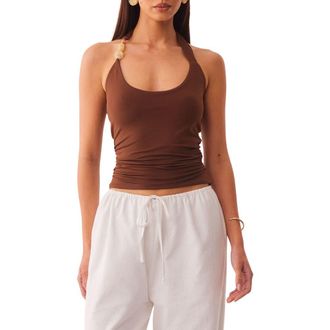 SNDYS Lexie Twist Beaded Halter Neck Tank in Mocha at Nordstrom, Size X-Large