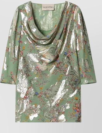 Valentino dress metallic finish draped neckline flowers