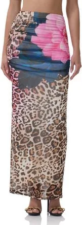 AFRM Bevin Printed Ruched Mesh Maxi Skirt in Animal Block Peony at Nordstrom Rack, Size X-Large