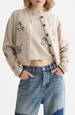 Scotch & Soda Embroidered Crewneck Cardigan in Oatmeal Melange at Nordstrom, Size Medium