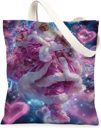 Generic Christmas Santa Canvas Tote Bags, Fun Holiday Design Reusable Grocery Bags, Festive Lightweight Washable Shoulder Strap Can, Peach, 13x15 Inch