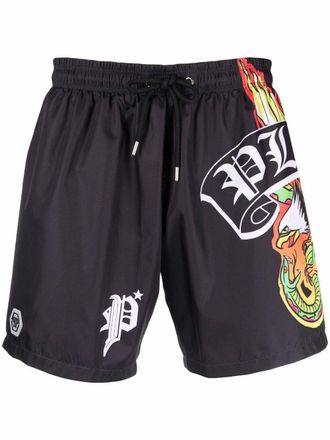 Philipp Plein Zwembroek met logoprint - Zwart