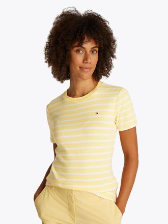 Tommy Hilfiger T-Shirt TOMMY HILFIGER SLIM CODY C-NK SS, Damen, Gr. XXL (44), beige (citronella, ecru stp), Jersey, Obermaterial: 100% Baumwolle, gestreift, slim fit