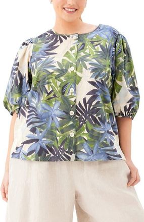 Karen Kane Frond Print Puff Sleeve Button-Up Shirt at Nordstrom, Size 1X