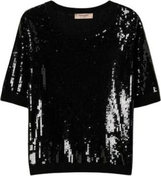 Twinset Gebreide top met volledige paillettenborduursel - Dames - Blouses - Zwart - S - Pailletten - Overhemden