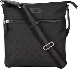 Gucci Mens Gucci Logo Leather Logo Stripe Webbing Shoulder Strap Nylon Shoulder Messenger Bag Black 449184-G1XHN-8615
