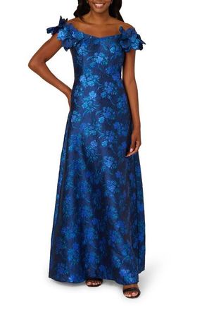 Adrianna Papell Metallic Floral Off the Shoulder Gown in Navy/Blue Multi at Nordstrom, Size 6
