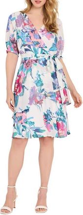 Tahari by ASL Ruffle Hem Faux Wrap Dress in Ivory Floral at Nordstrom, Size 12