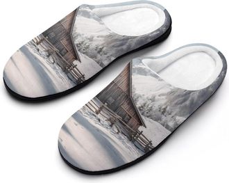 Generic Winter Log Cabin Mens Cozy Cotton Slippers with Memory Foam Lightweight Anti-skid House Shoes for Indoor Outdoor