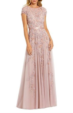 Mac Duggal Floral Embellished Short Sleeve Mesh Gown in Mocha at Nordstrom, Size 16