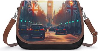 Generic London Street with Flags Crossbody Bag Womens Handbag PU Message Bags Shoulder Purse with Adjustable Strap