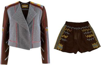 Rue Mariscal Brown Fully Embroidered Biker Jacket & Boxer Shorts Size XS