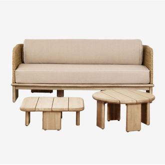 Sklum Sklum - Conjunto De Sal&oacute;n Con Sof&aacute; De 3 Plazas Y 2 Mesas De Centro En Rat&aacute;n Y Madera De Acacia Famara