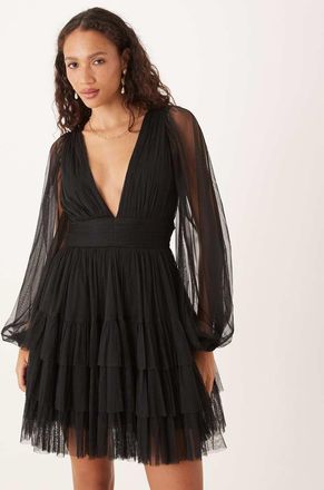 Lace & Beads Vestito corto a maniche lunghe in tulle a balze nero con scollo profondo