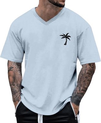 Generic Summer Shirts for Men Casual Short Sleeve Regular Fit Comfy V Neck Tsirt Classic Coconut Printed Fashion Beach Lightweight Breathable T-Shirt Sport Ru