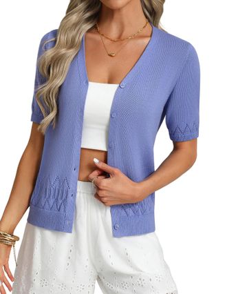 Grace Karin Womens Elegant V-Neck Lace Cardigan Summer Lightweight Short Sleeve Openwork Knit Tops Gray Blue XXL
