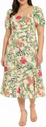 London Times Floral Short Sleeve Linen Blend Midi Dress in Cream/Pink at Nordstrom Rack, Size 14W